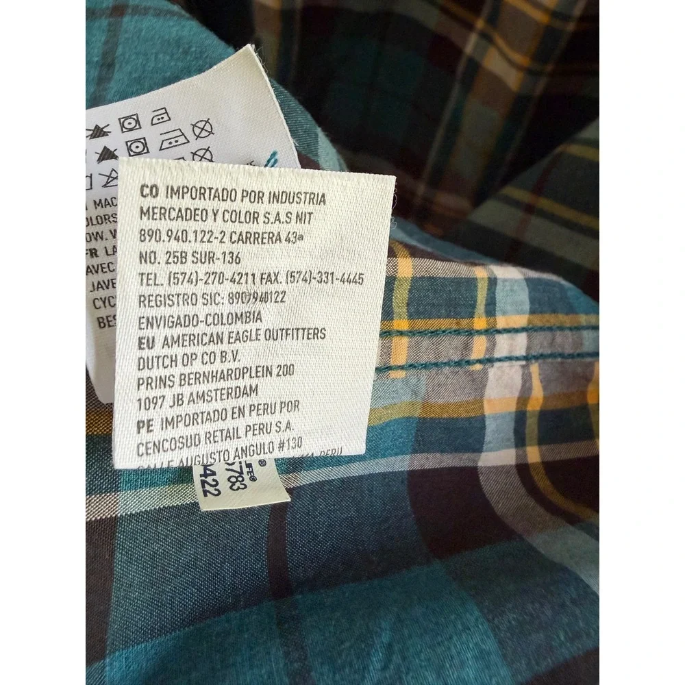 American Eagle Mens Seriously Soft Plaid Button Down Shirt Teal Yellow Classic M